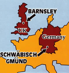 Karte von Europa mit Barnsley und Schwäbisch Gmünd